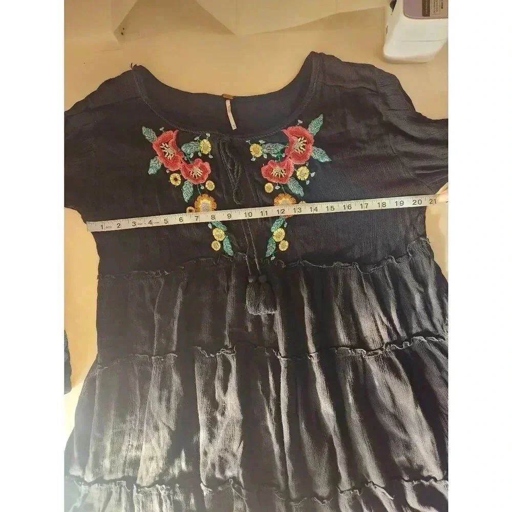 Free People Dress Flowy Black Embroidered Floral Size Medium